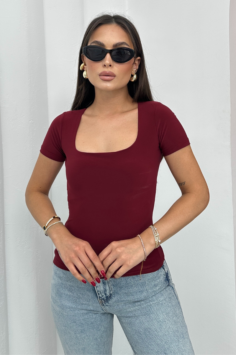 Kadın Kısa Kollu T-Shirt Kare Yaka Çift Kat Sandy Kumaş Crop T-Shirt