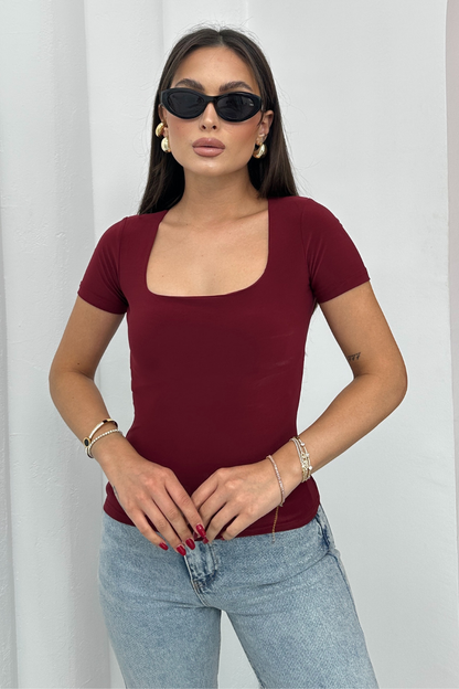Kadın Kısa Kollu T-Shirt Kare Yaka Çift Kat Sandy Kumaş Crop T-Shirt