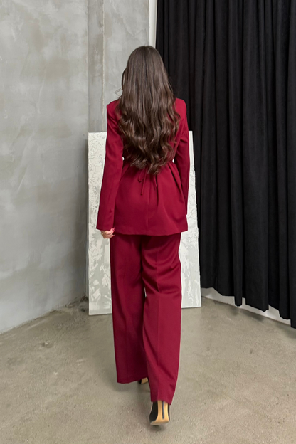 Kadın İkili Blazer Ceket Pantolon Takım Aksesuar ve Düğme Detaylı Bol Paça