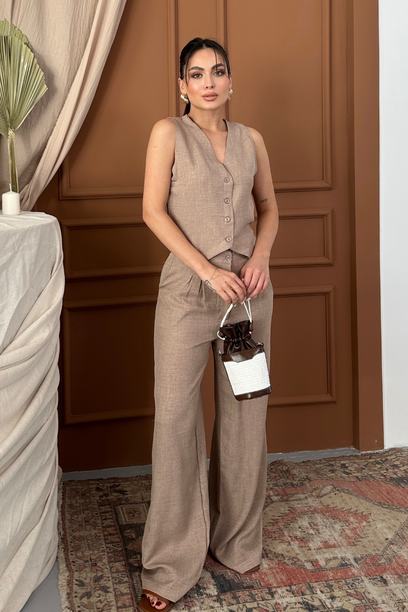 Kadın Alt Üst Takım Keten Düğmeli V Yaka Yelek Bol Paça Pantolon Takım