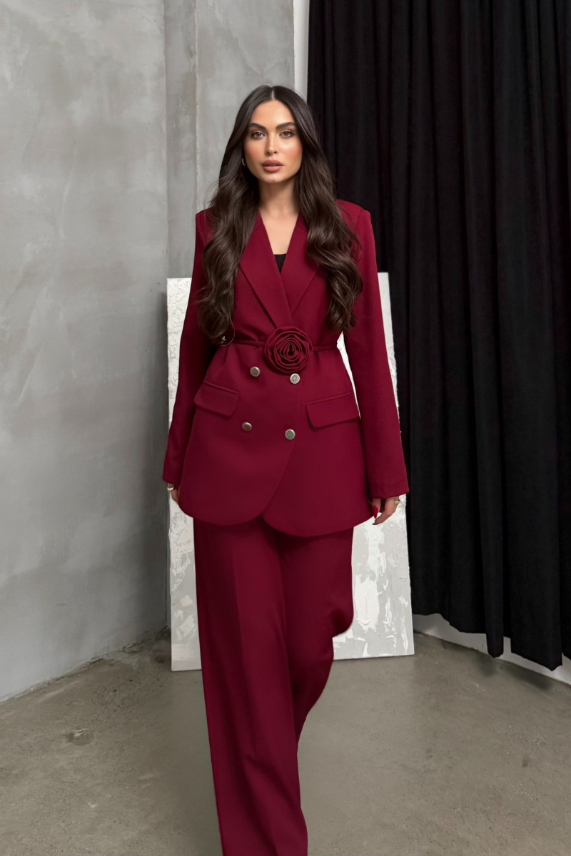 Kadın İkili Blazer Ceket Pantolon Takım Aksesuar ve Düğme Detaylı Bol Paça