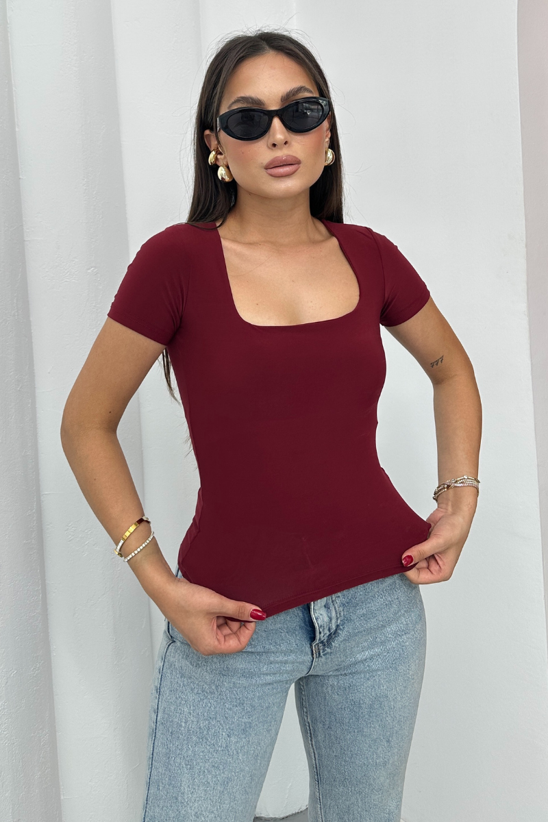 Kadın Kısa Kollu T-Shirt Kare Yaka Çift Kat Sandy Kumaş Crop T-Shirt