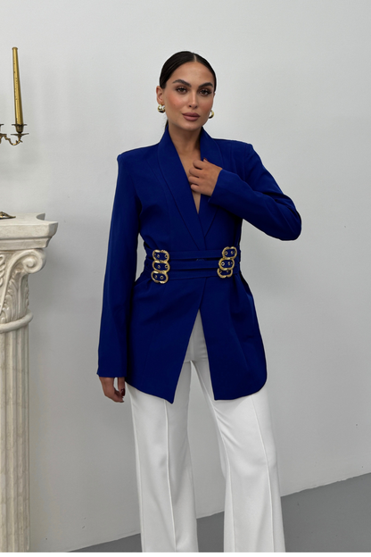 Kadın Blazer Ceket Şık Kruvaze Yaka Vatkalı Gold Kemer Detaylı Ceket