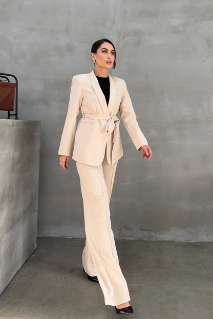 Kadın İkili Kuşaklı Blazer Ceket Pantolon Takım