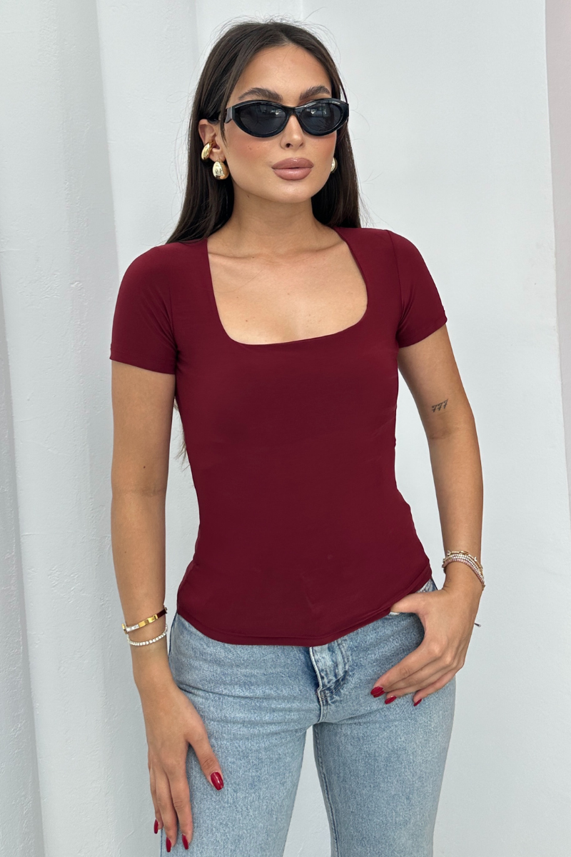 Kadın Kısa Kollu T-Shirt Kare Yaka Çift Kat Sandy Kumaş Crop T-Shirt