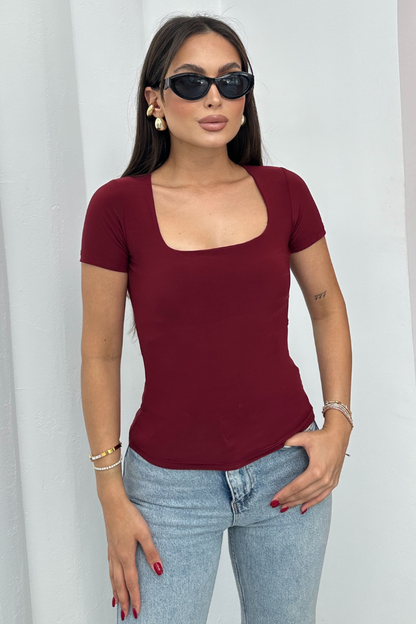 Kadın Kısa Kollu T-Shirt Kare Yaka Çift Kat Sandy Kumaş Crop T-Shirt