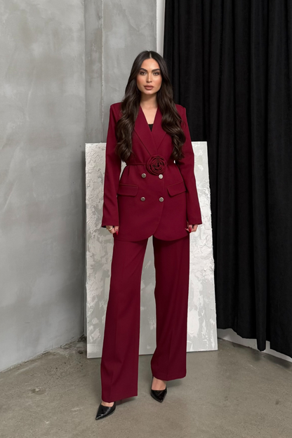 Kadın İkili Blazer Ceket Pantolon Takım Aksesuar ve Düğme Detaylı Bol Paça