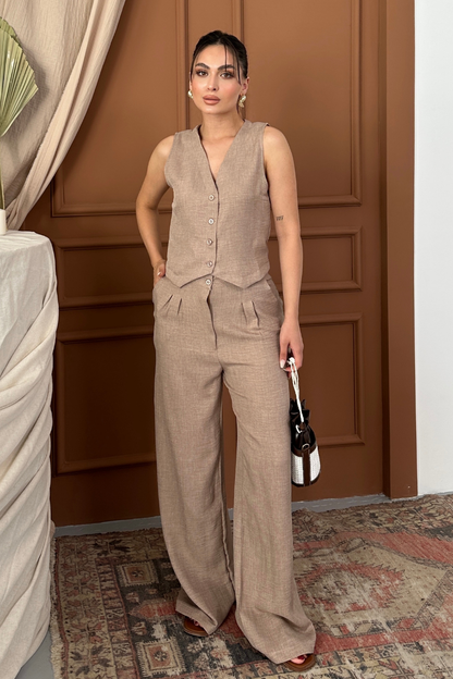 Kadın Alt Üst Takım Keten Düğmeli V Yaka Yelek Bol Paça Pantolon Takım
