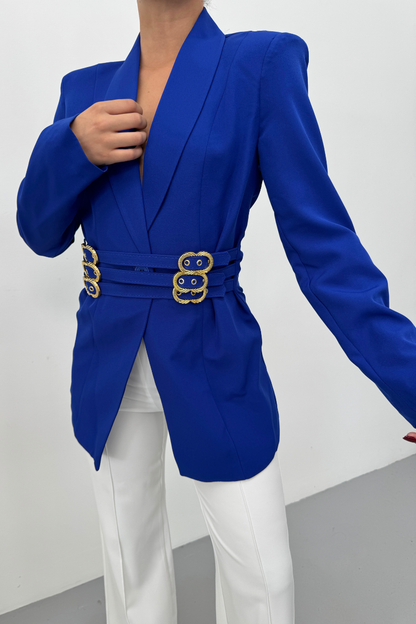 Kadın Blazer Ceket Şık Kruvaze Yaka Vatkalı Gold Kemer Detaylı Ceket