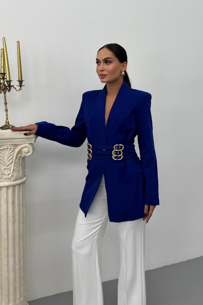 Kadın Blazer Ceket Şık Kruvaze Yaka Vatkalı Gold Kemer Detaylı Ceket