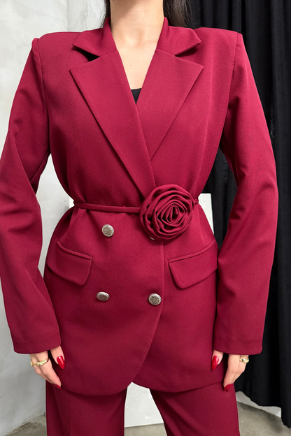 Kadın İkili Blazer Ceket Pantolon Takım Aksesuar ve Düğme Detaylı Bol Paça