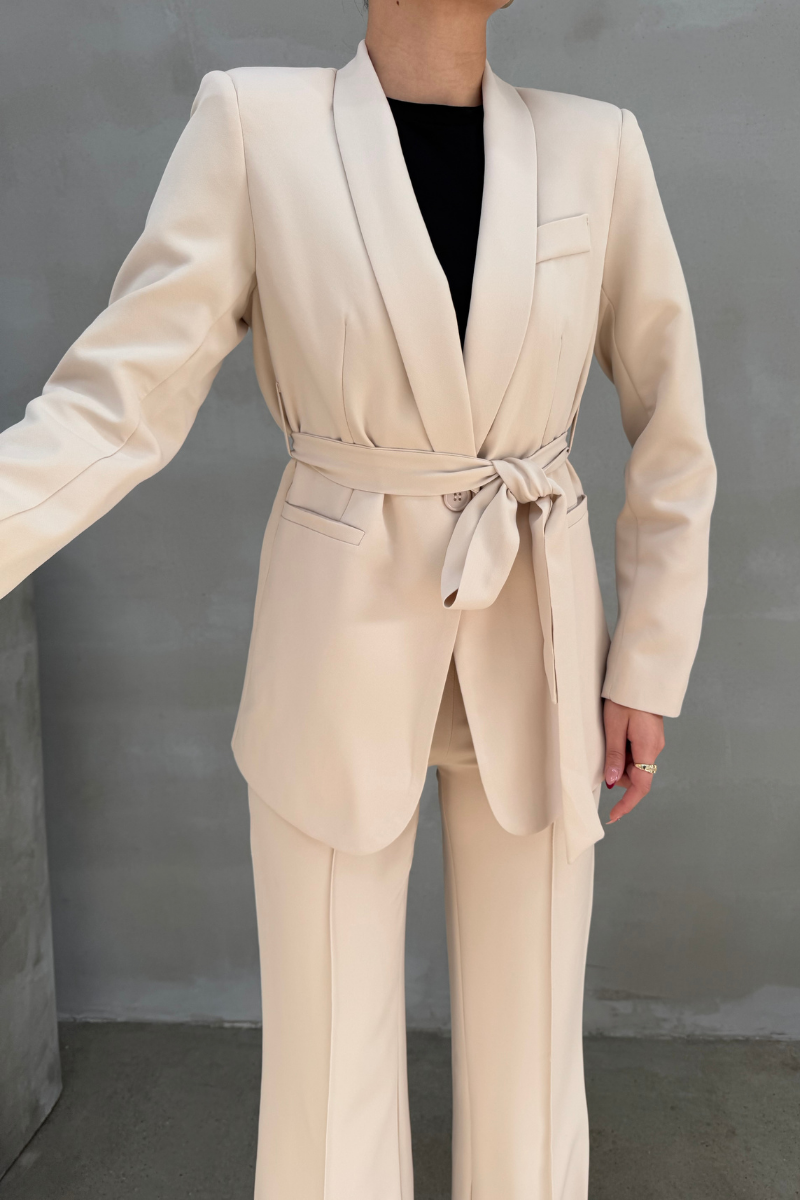 Kadın İkili Kuşaklı Blazer Ceket Pantolon Takım