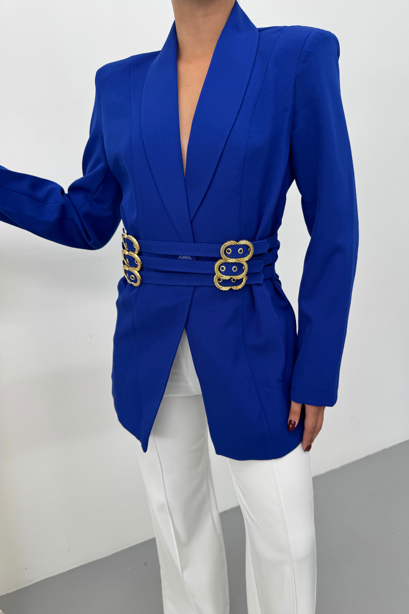 Kadın Blazer Ceket Şık Kruvaze Yaka Vatkalı Gold Kemer Detaylı Ceket