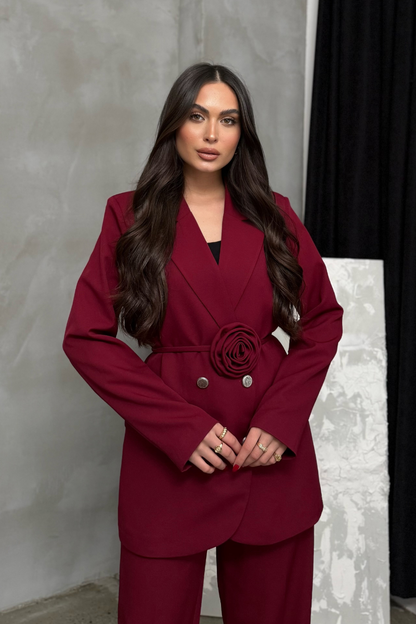 Kadın İkili Blazer Ceket Pantolon Takım Aksesuar ve Düğme Detaylı Bol Paça