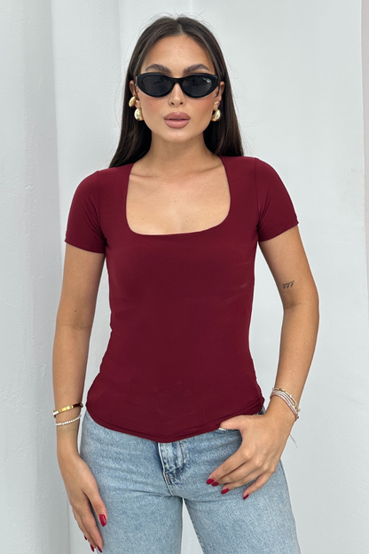 Kadın Kısa Kollu T-Shirt Kare Yaka Çift Kat Sandy Kumaş Crop T-Shirt