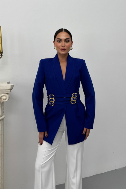 Kadın Blazer Ceket Şık Kruvaze Yaka Vatkalı Gold Kemer Detaylı Ceket