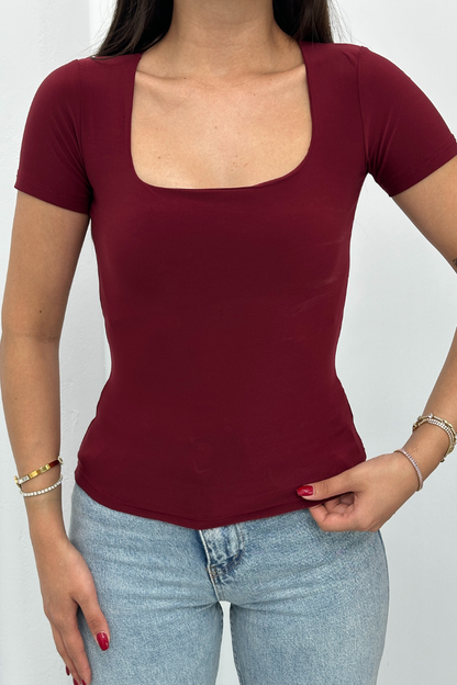 Kadın Kısa Kollu T-Shirt Kare Yaka Çift Kat Sandy Kumaş Crop T-Shirt