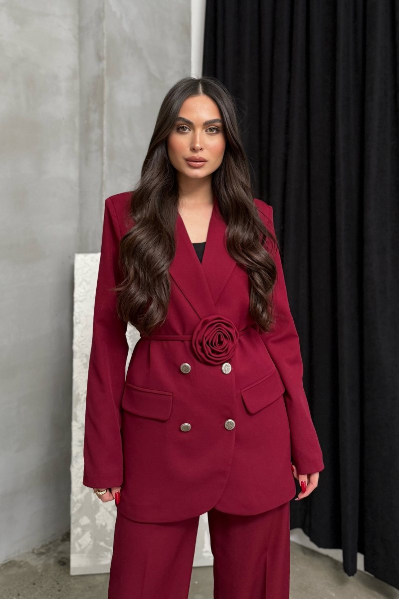 Kadın İkili Blazer Ceket Pantolon Takım Aksesuar ve Düğme Detaylı Bol Paça