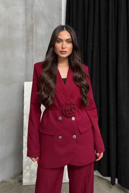 Kadın İkili Blazer Ceket Pantolon Takım Aksesuar ve Düğme Detaylı Bol Paça