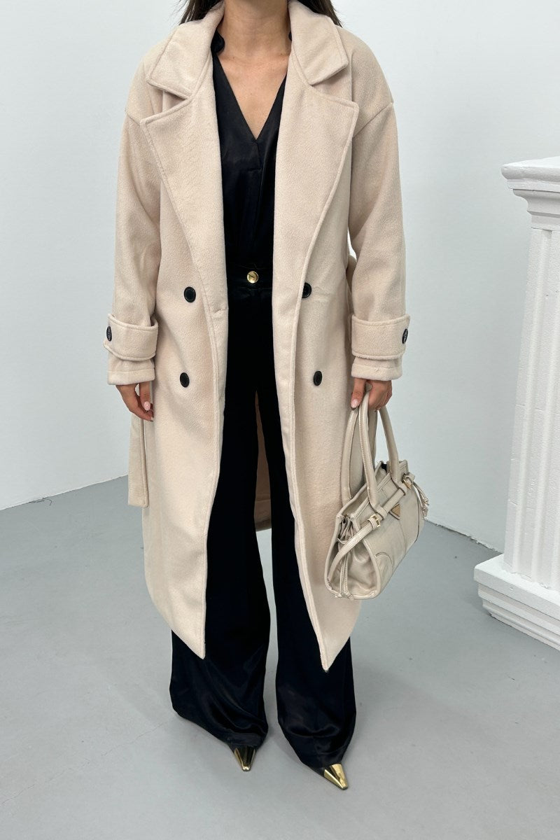 Kadın Kaşe Kaban Uzun Kuşaklı Düğmeli Cepli Premium Kaşe Kaban