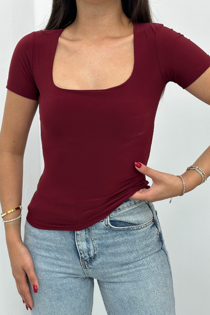 Kadın Kısa Kollu T-Shirt Kare Yaka Çift Kat Sandy Kumaş Crop T-Shirt