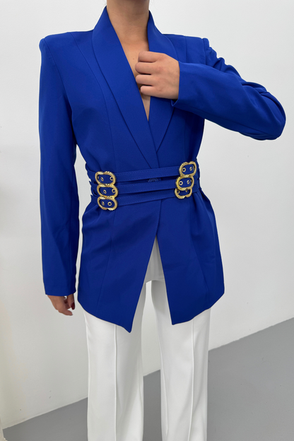 Kadın Blazer Ceket Şık Kruvaze Yaka Vatkalı Gold Kemer Detaylı Ceket