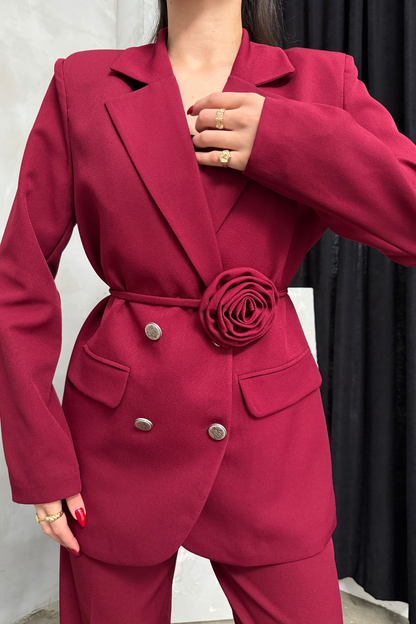 Kadın İkili Blazer Ceket Pantolon Takım Aksesuar ve Düğme Detaylı Bol Paça