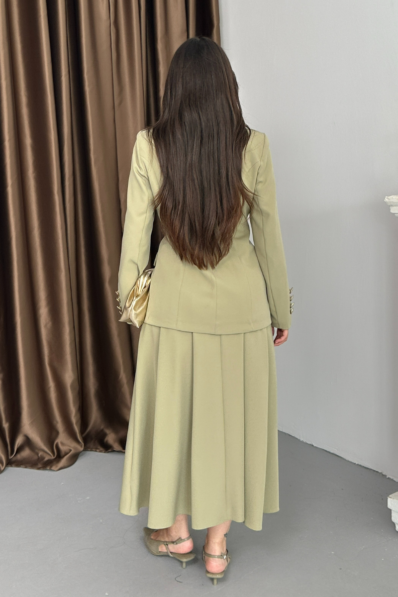 Kadın İkili Takım Şık Düğme Detaylı Dik Yaka Blazer Ceket Uzun Etek Takım