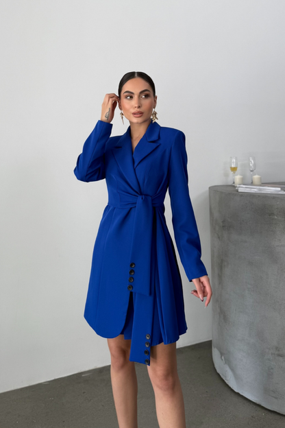 Kadın Elbise Mini Şık Uzun Kollu Kuşaklı Kruvaze Yaka Pileli Ceket Elbise