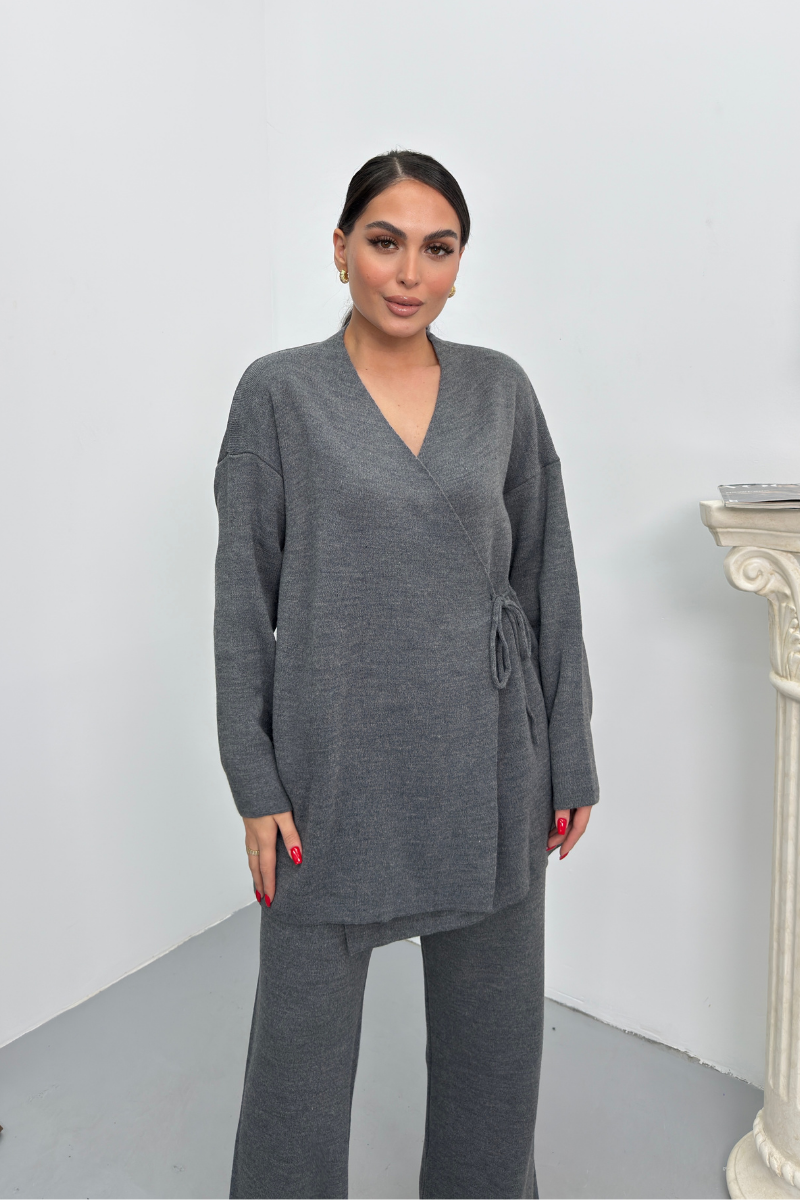 Kadın İkili Alt Üst Takım Triko Yandan Bağcıklı Kruvaze Hırka Bol Paça Pantolon Örme Takım