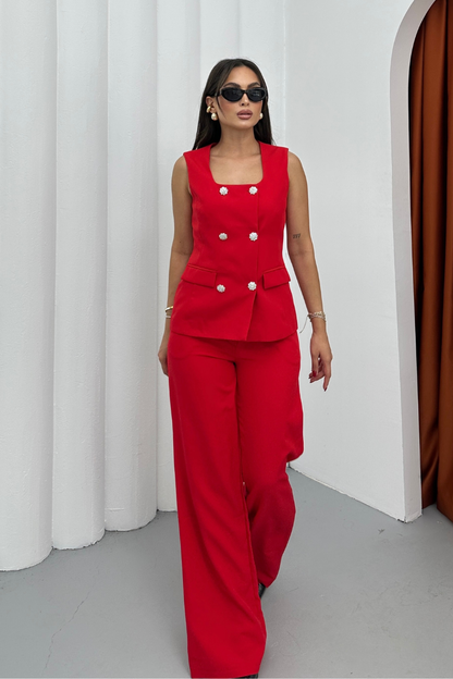 Kadın İkili Alt Üst Takım Şık Düğme Detaylı Kare Yaka Yelek Pantolon Takım