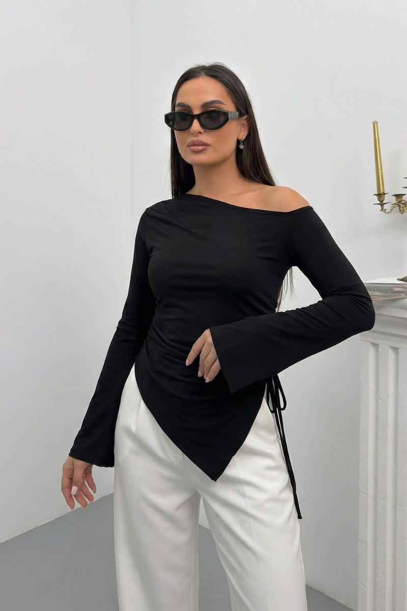 Kadın Bluz Tek Omzu Açık Asimetrik Yandan Büzgülü Uzun Kollu Slim Fit Sandy Bluz