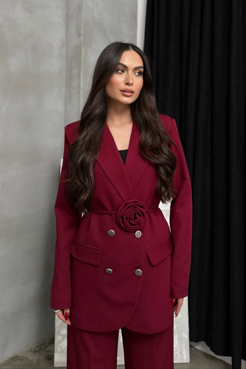 Kadın İkili Blazer Ceket Pantolon Takım Aksesuar ve Düğme Detaylı Bol Paça