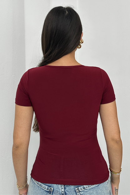 Kadın Kısa Kollu T-Shirt Kare Yaka Çift Kat Sandy Kumaş Crop T-Shirt