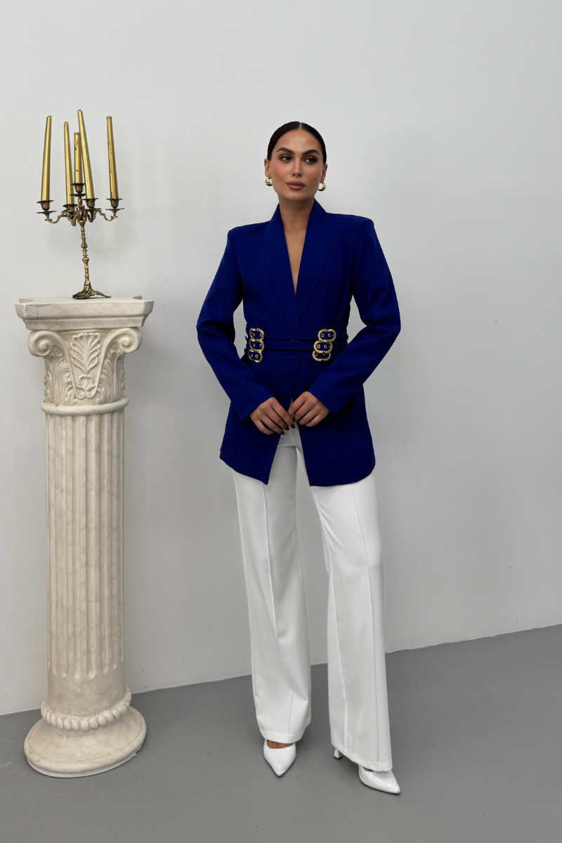 Kadın Blazer Ceket Şık Kruvaze Yaka Vatkalı Gold Kemer Detaylı Ceket