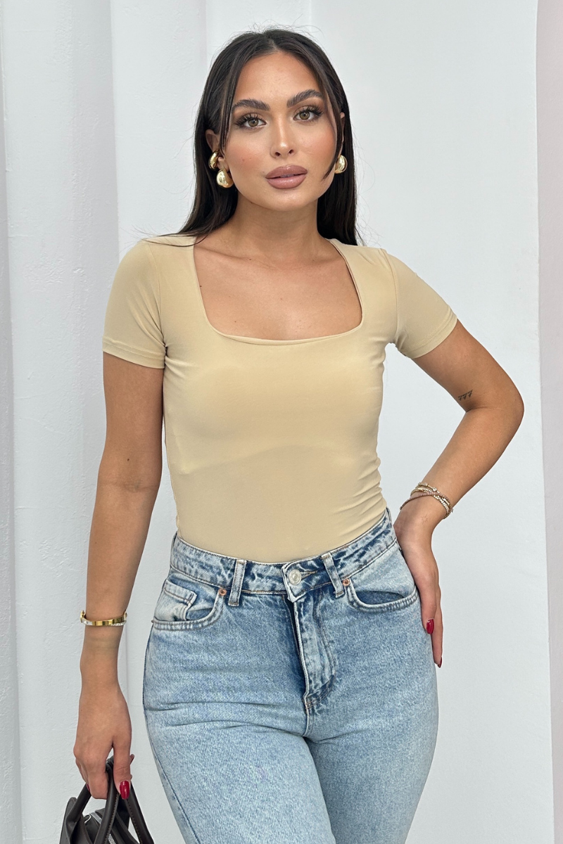 Kadın Kısa Kollu T-Shirt Kare Yaka Çift Kat Sandy Kumaş Crop T-Shirt
