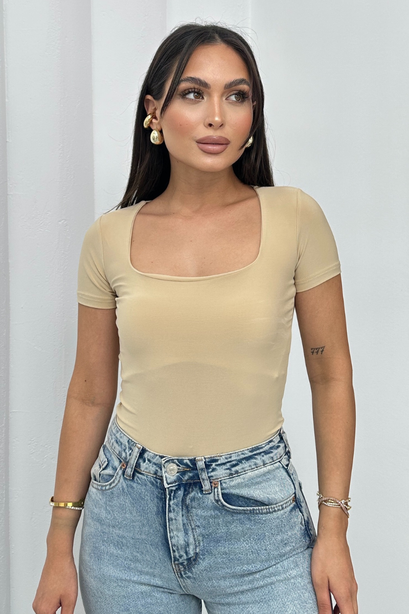 Kadın Kısa Kollu T-Shirt Kare Yaka Çift Kat Sandy Kumaş Crop T-Shirt