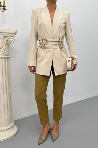 Kadın Blazer Ceket Şık Kruvaze Yaka Vatkalı Gold Kemer Detaylı Ceket