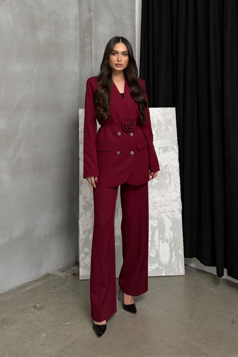 Kadın İkili Blazer Ceket Pantolon Takım Aksesuar ve Düğme Detaylı Bol Paça