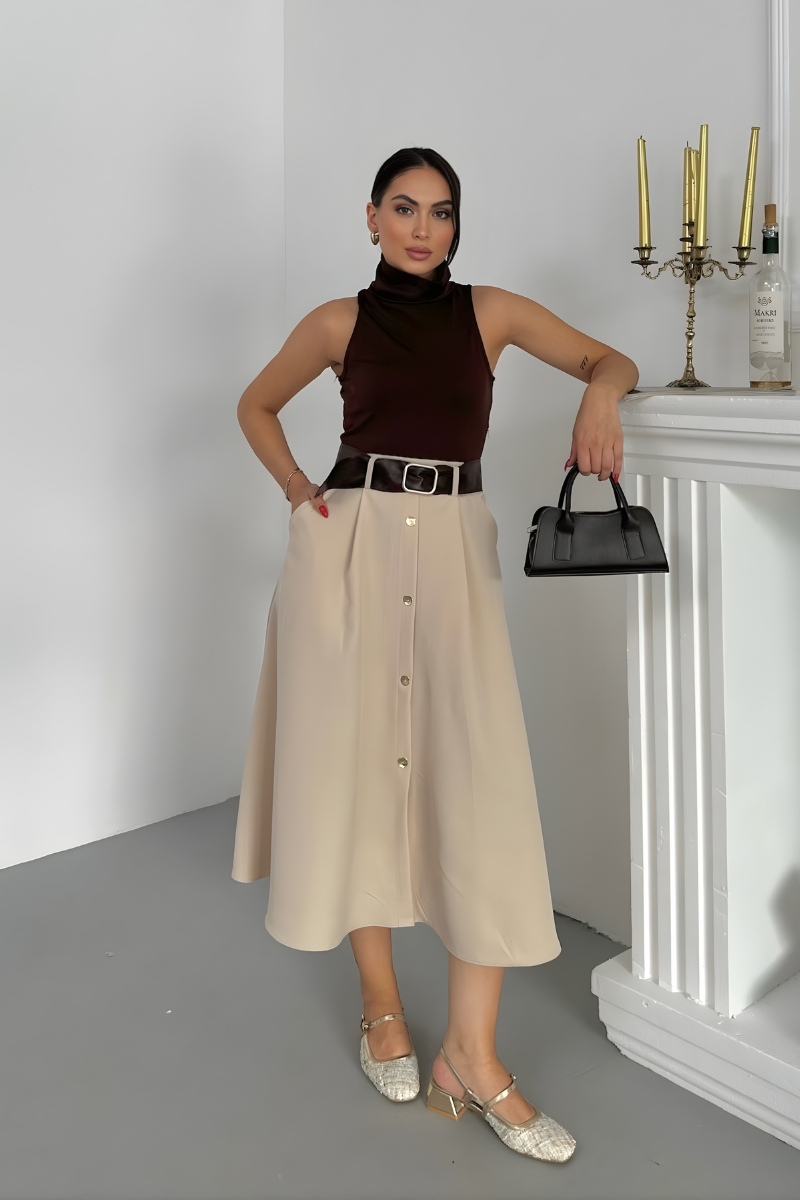 Kadın Elbise Midi Şık Kemerli Balıkçı Yaka Sıfır Kollu Eteği Düğmeli Cepli Kontrast Elbise