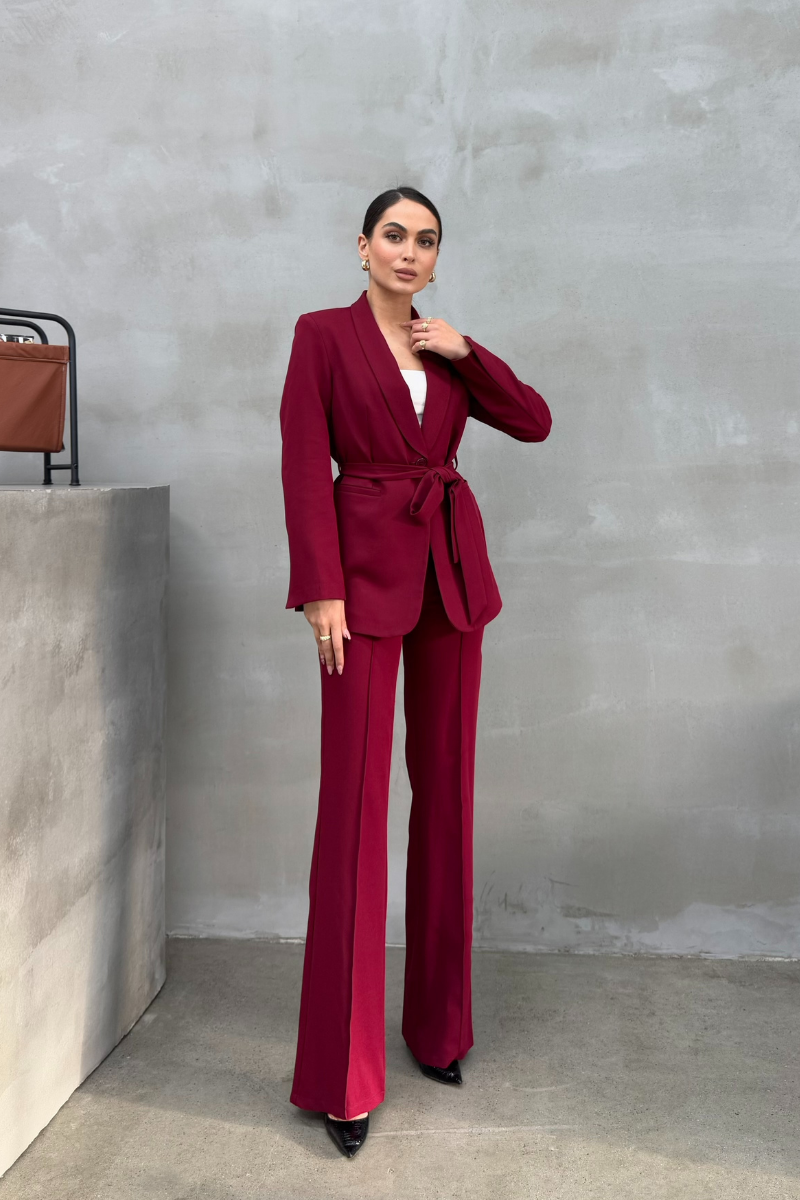 Kadın İkili Kuşaklı Blazer Ceket Pantolon Takım