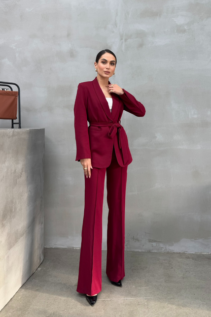 Kadın İkili Kuşaklı Blazer Ceket Pantolon Takım