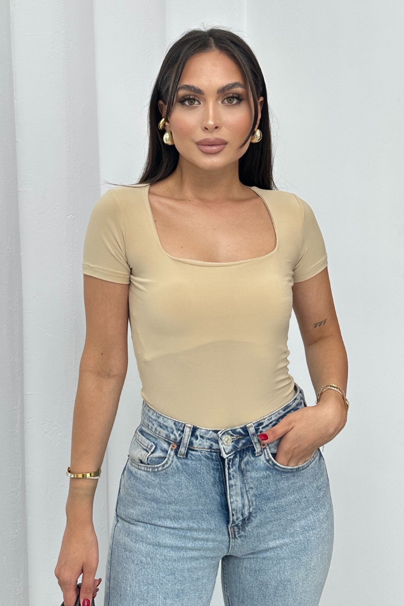 Kadın Kısa Kollu T-Shirt Kare Yaka Çift Kat Sandy Kumaş Crop T-Shirt