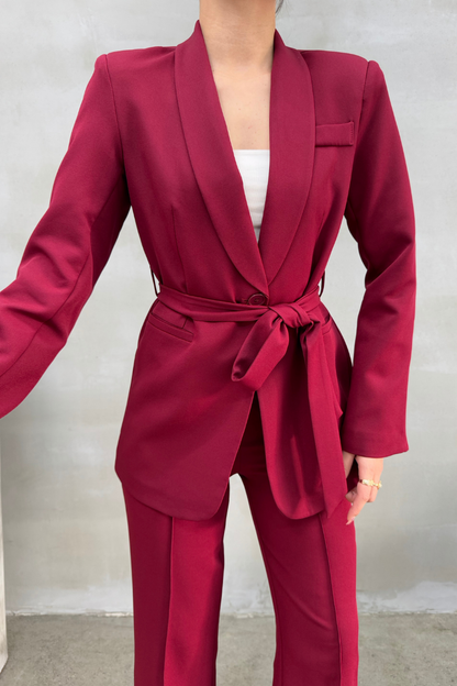 Kadın İkili Kuşaklı Blazer Ceket Pantolon Takım