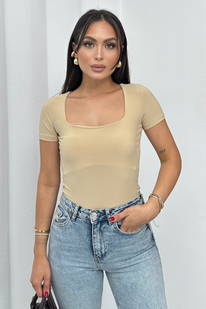 Kadın Kısa Kollu T-Shirt Kare Yaka Çift Kat Sandy Kumaş Crop T-Shirt