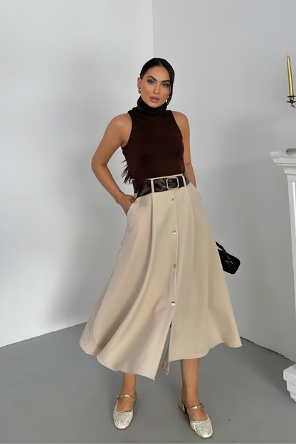 Kadın Elbise Midi Şık Kemerli Balıkçı Yaka Sıfır Kollu Eteği Düğmeli Cepli Kontrast Elbise