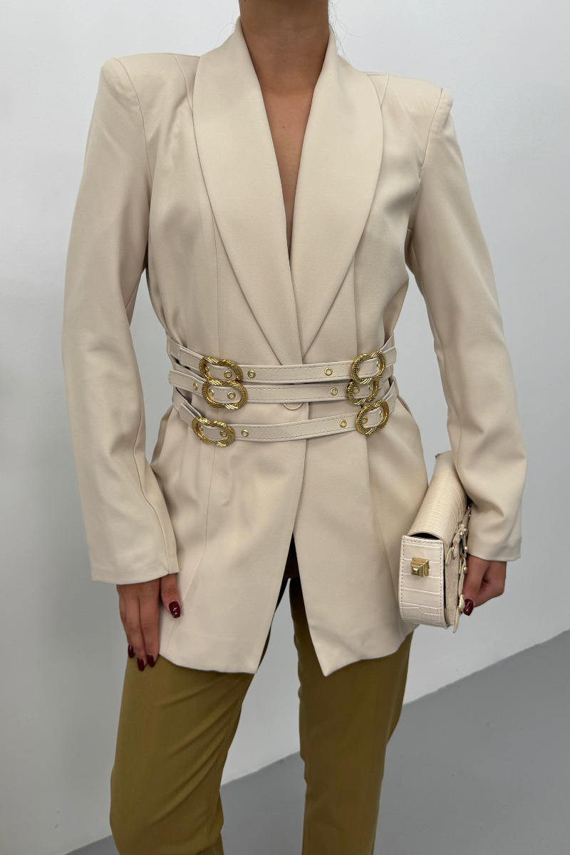 Kadın Blazer Ceket Şık Kruvaze Yaka Vatkalı Gold Kemer Detaylı Ceket