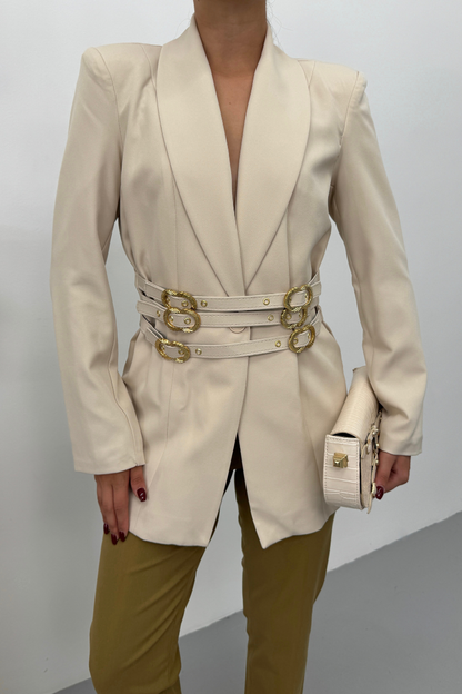 Kadın Blazer Ceket Şık Kruvaze Yaka Vatkalı Gold Kemer Detaylı Ceket
