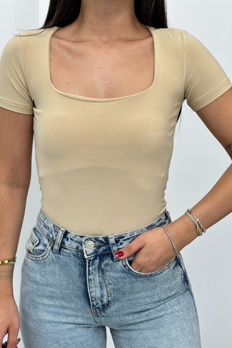 Kadın Kısa Kollu T-Shirt Kare Yaka Çift Kat Sandy Kumaş Crop T-Shirt