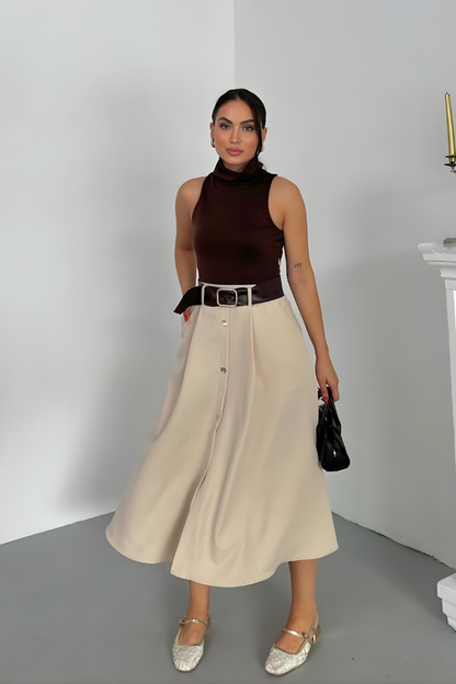 Kadın Elbise Midi Şık Kemerli Balıkçı Yaka Sıfır Kollu Eteği Düğmeli Cepli Kontrast Elbise